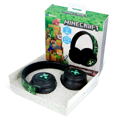 Auriculares inalámbricos Minecraft negros con detalles pixelados verdes y LED - 4