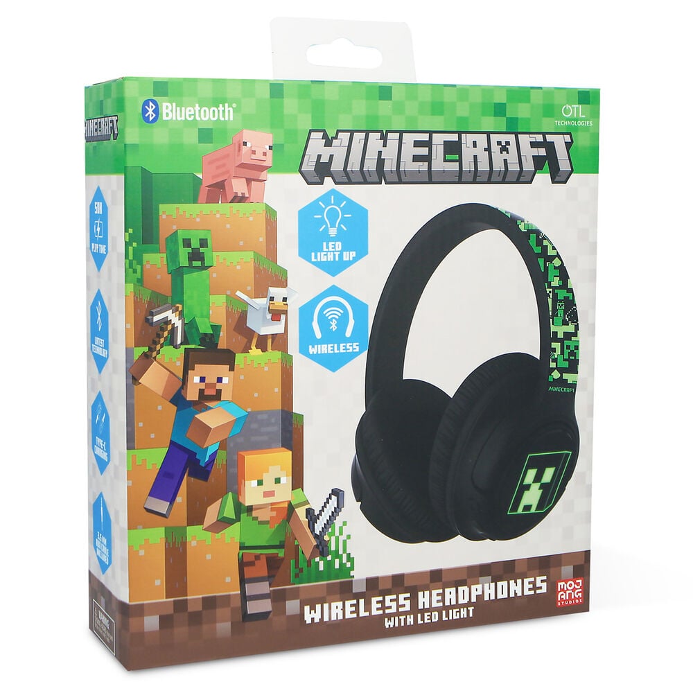 Auriculares inalámbricos Minecraft negros con detalles pixelados verdes y LED - 9