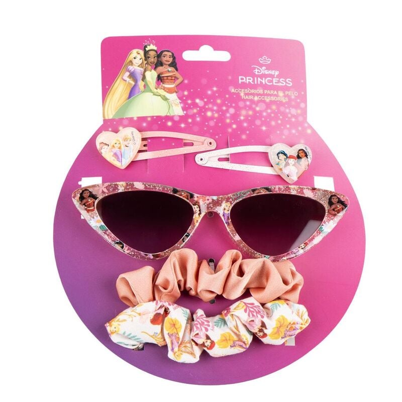 Set Princesas Disney con gafas de sol rosas, pinzas y coleteros