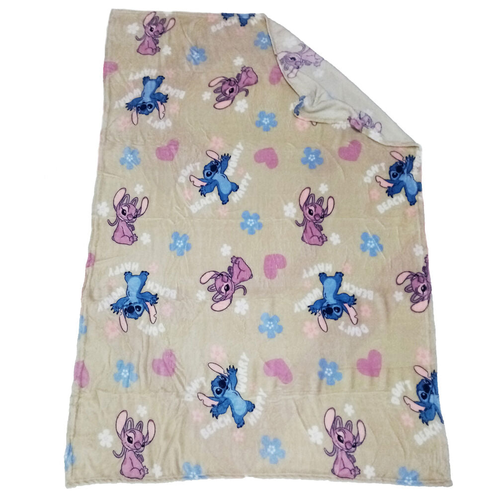 Manta coralina Disney de Stitch y Angel con flores y corazones