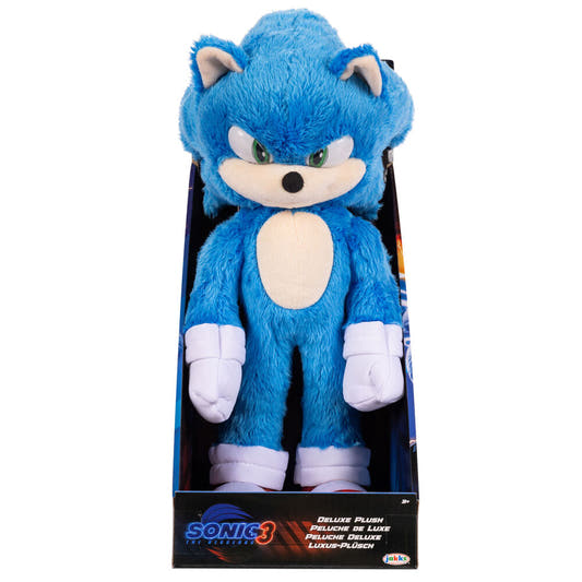 Peluche Deluxe de Sonic 3 azul de 32 cm en su caja