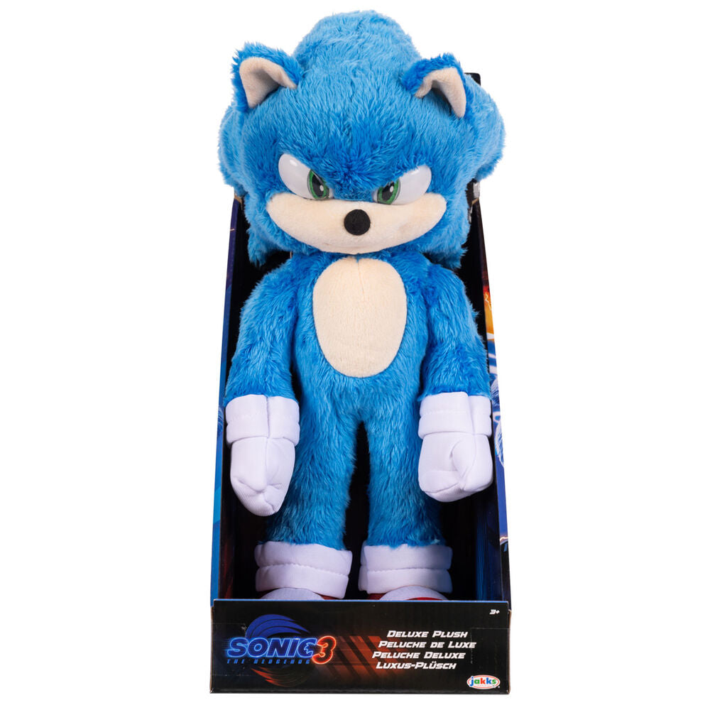 Peluche Deluxe de Sonic 3 azul de 32 cm en su caja