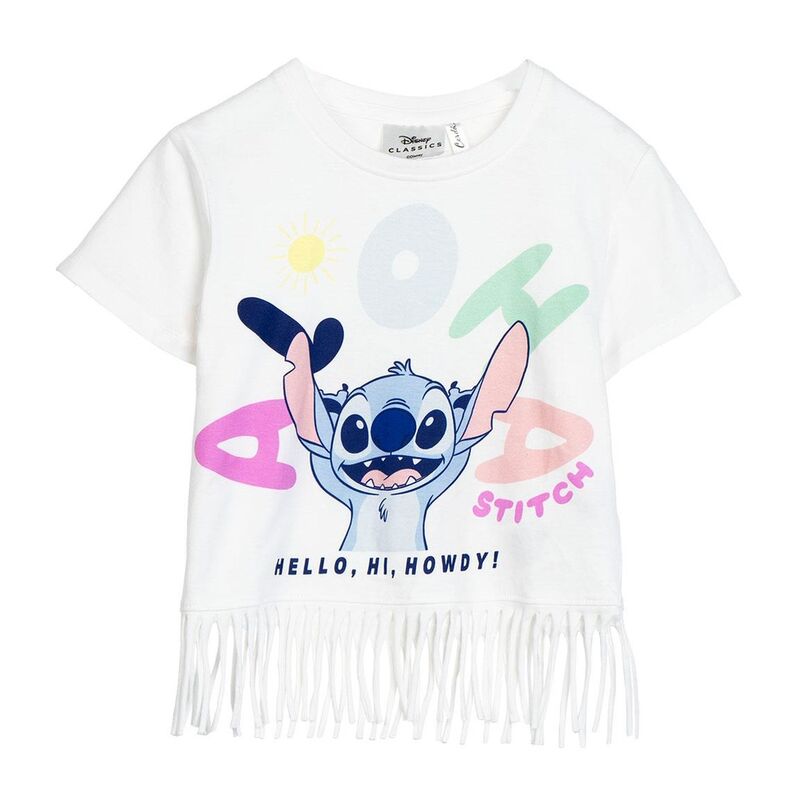 Camiseta blanca de manga corta con Stitch Disney y bajo de flecos