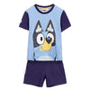 Conjunto infantil Bluey con camiseta azul y pantalón corto morado