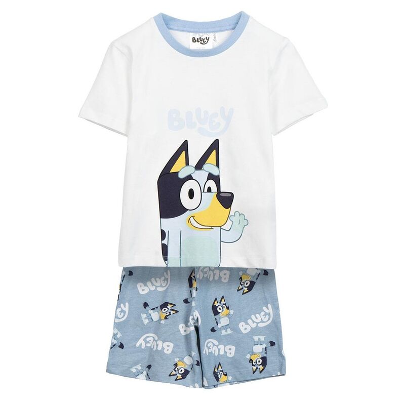 Pijama corto infantil de Bluey con camiseta blanca y pantalón estampado