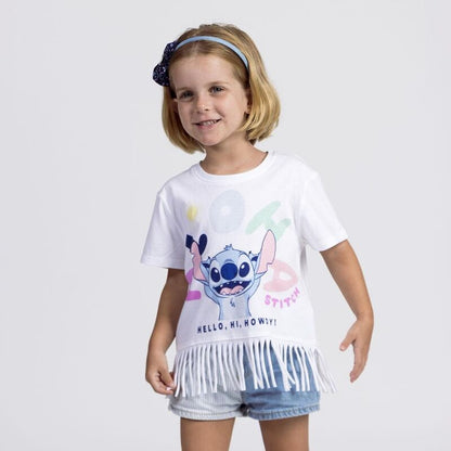 Camiseta blanca de manga corta con Stitch Disney y bajo de flecos - 4