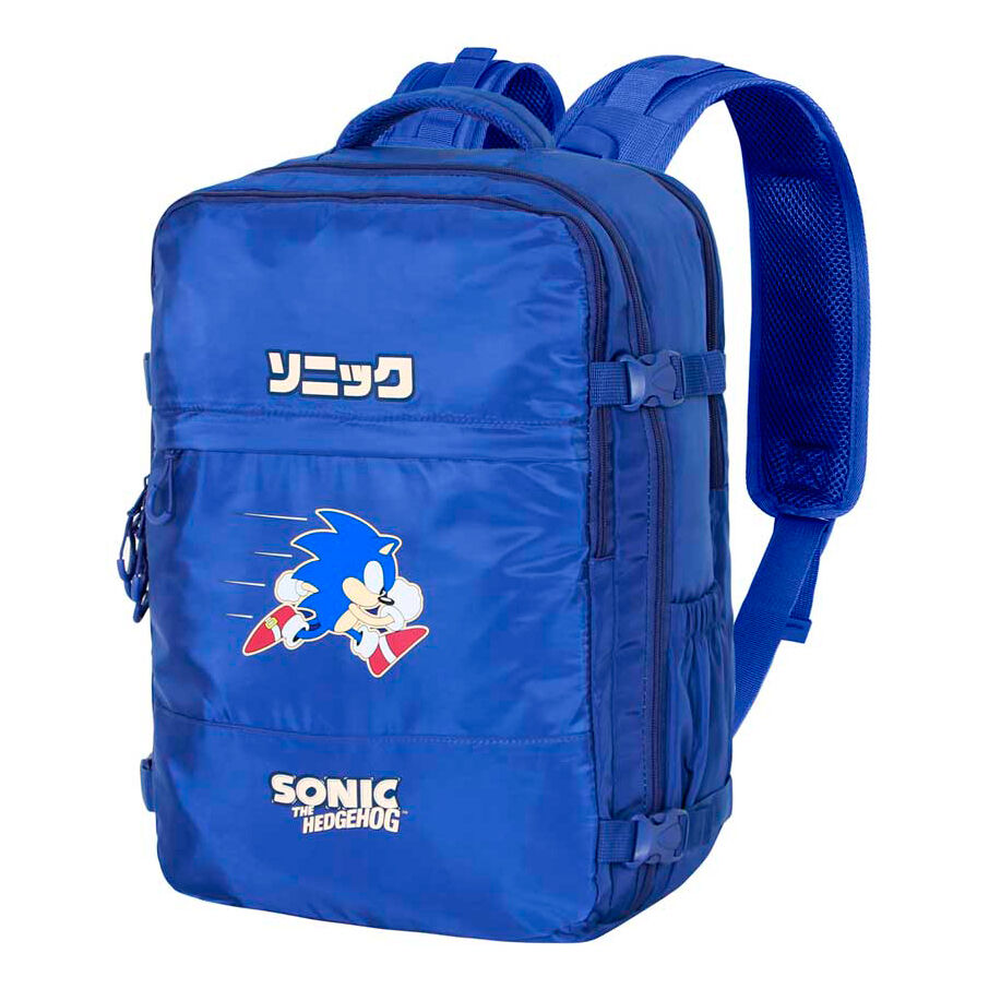 Mochila azul de Sonic the Hedgehog con compartimentos y correas ajustables