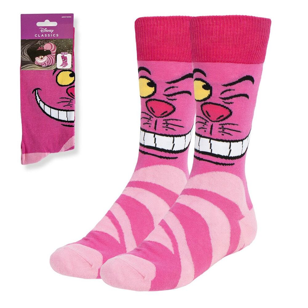 Calcetines rosas de Cheshire de Disney con rostro sonriente