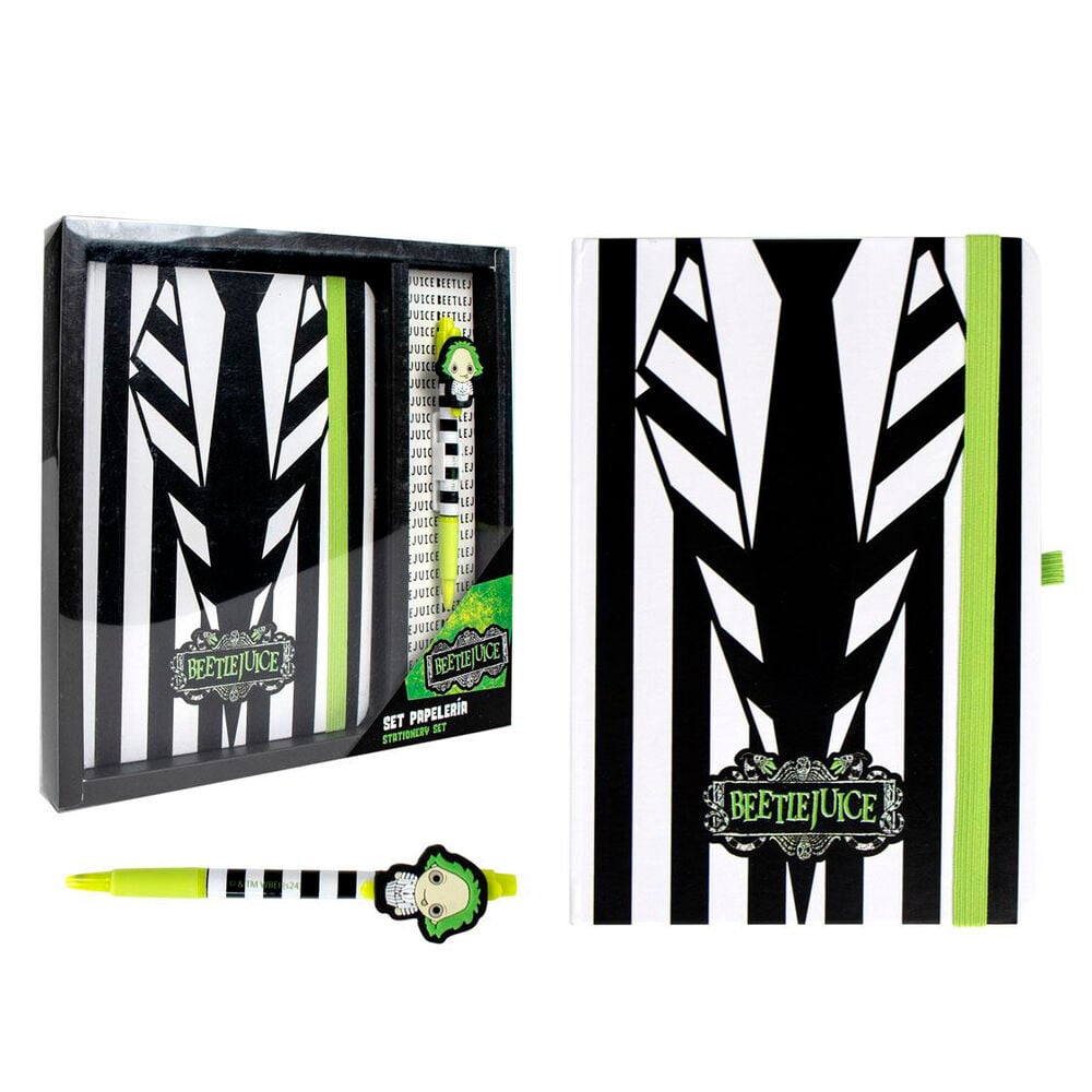 Set de papelería Beetlejuice con cuaderno y bolígrafo en blanco, negro y verde