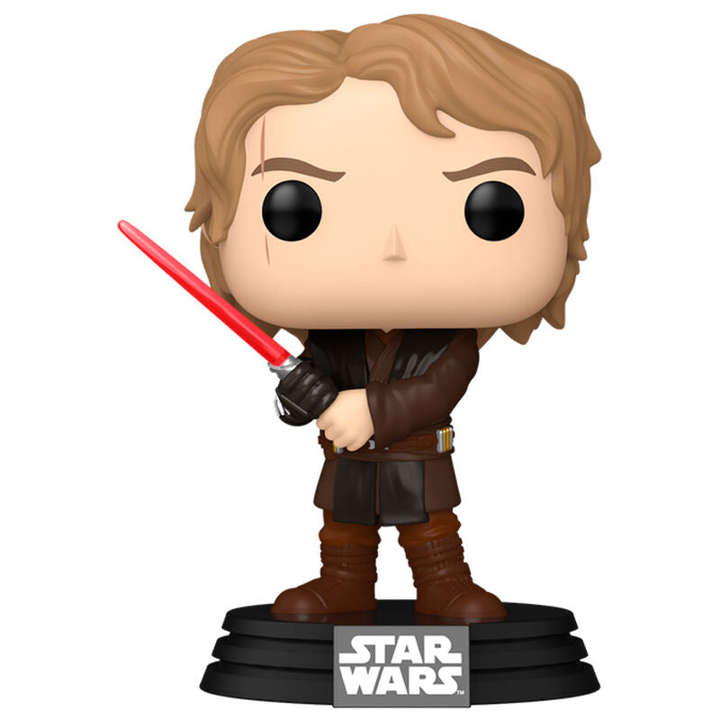Figura Funko POP! de Anakin Skywalker con sable de luz rojo sobre base de Star Wars