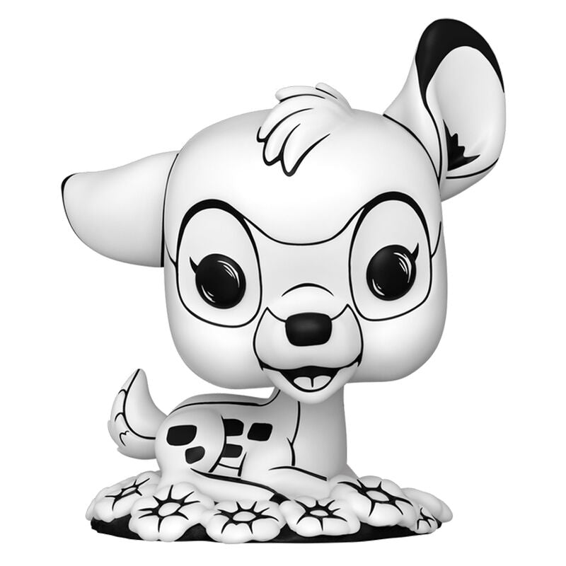 Figura Funko POP! de Bambi en blanco y negro sobre una base de flores