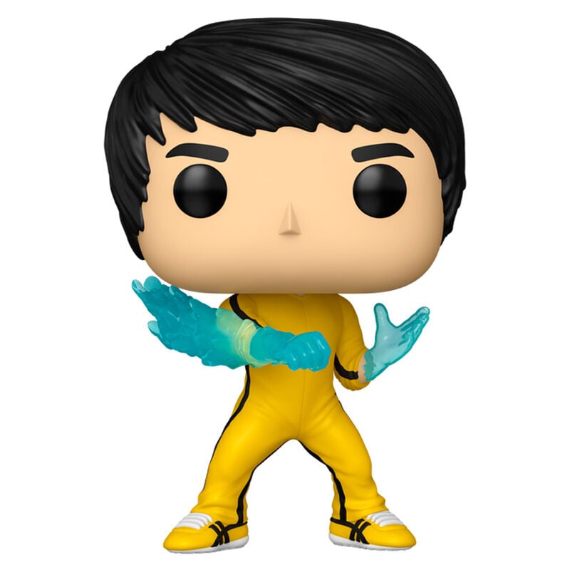 Figura Funko POP! de Bruce Lee con traje amarillo y efecto azul en las manos