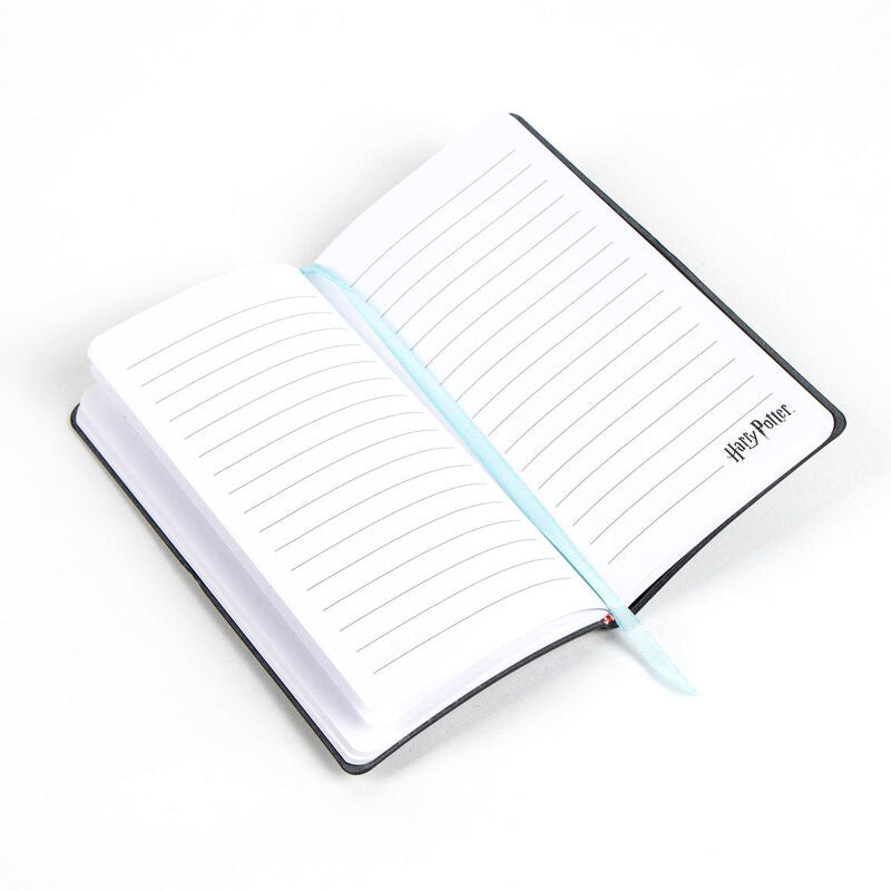 Cuaderno negro de Harry Potter con diseño de Hogwarts y cierre elástico azul - 2