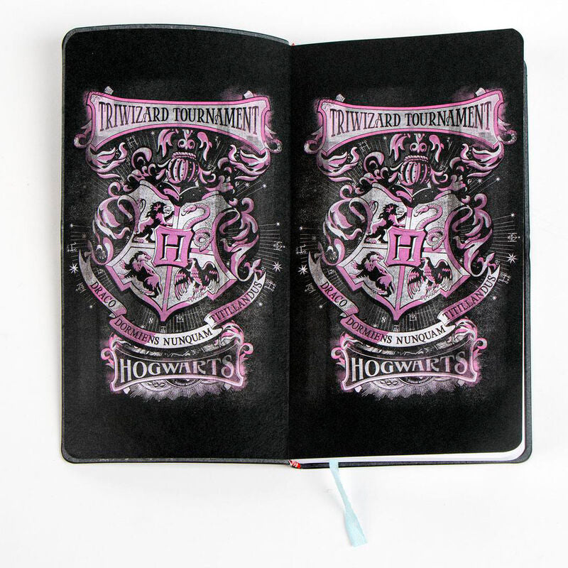 Cuaderno negro de Harry Potter con diseño de Hogwarts y cierre elástico azul - 3