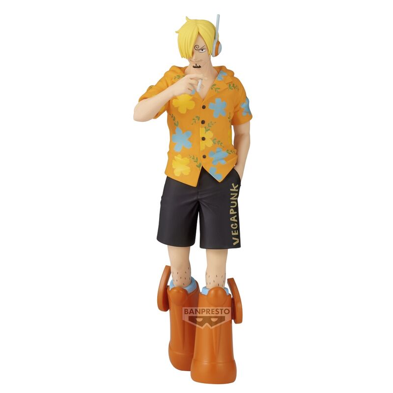 Figura de Sanji Egghead de One Piece con camisa floral y botas naranjas