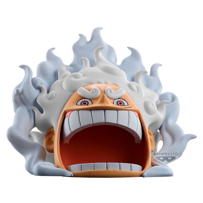 Figura de Monkey D. Luffy Gear 5 de One Piece con cabello blanco y gran sonrisa