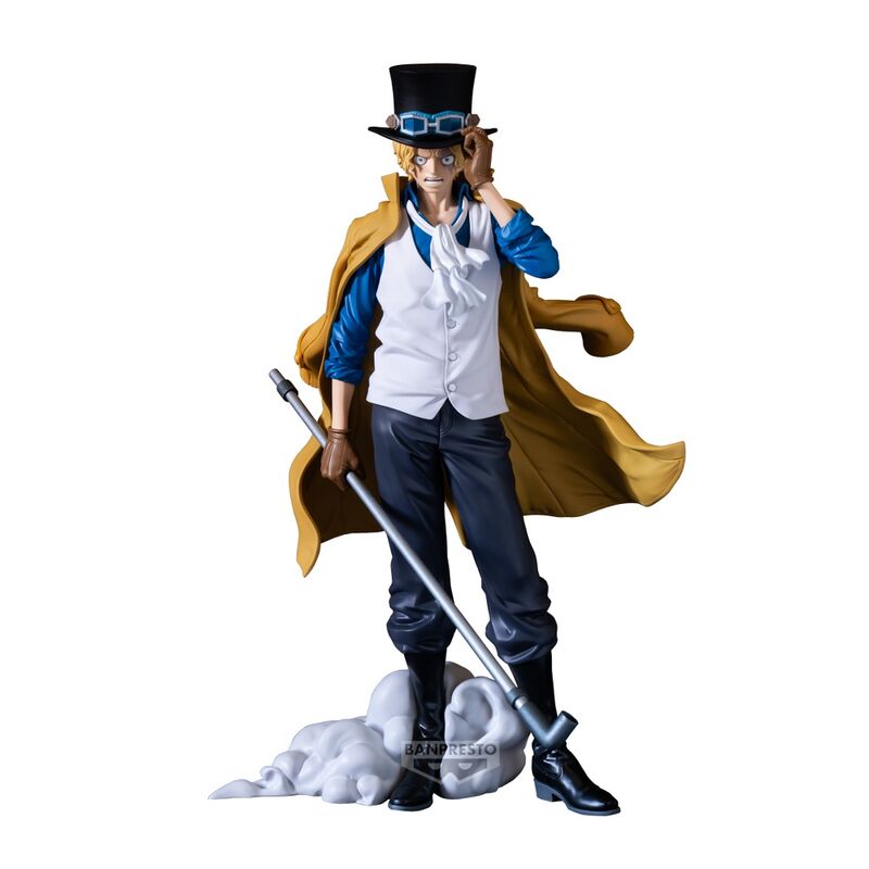 Figura de Sabo de One Piece con sombrero, abrigo y bastón sobre una base de nubes