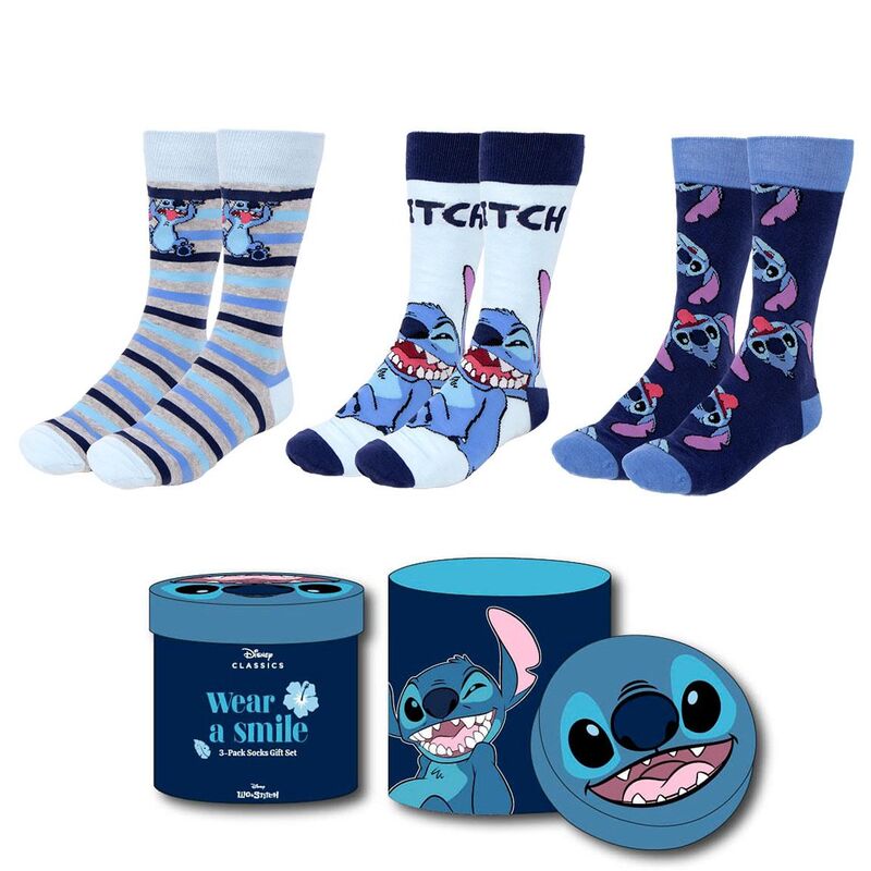 Set de tres pares de calcetines Stitch Disney en tonos azules con estuche decorado