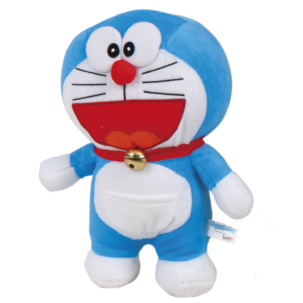 Peluche Doraemon azul y blanco de 40 cm con collar rojo y campanilla