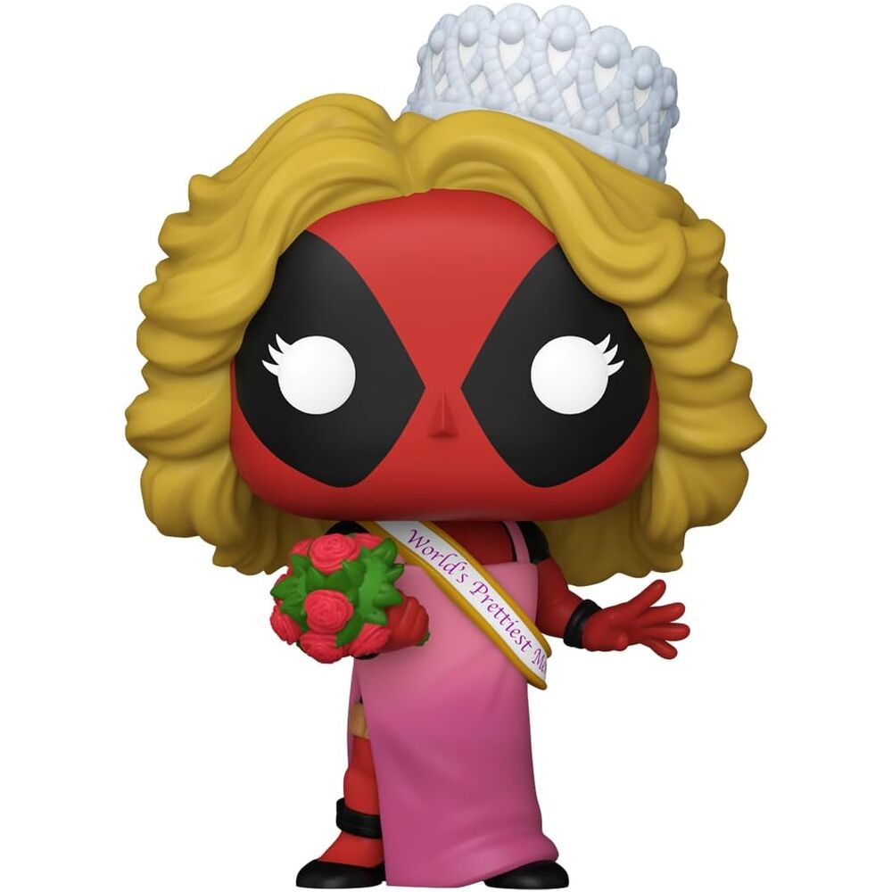 Figura Funko POP! de Deadpool con corona, vestido rosa y ramo de rosas