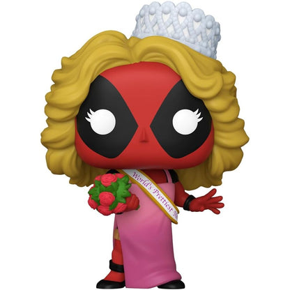 Figura Funko POP! de Deadpool con corona, vestido rosa y ramo de rosas