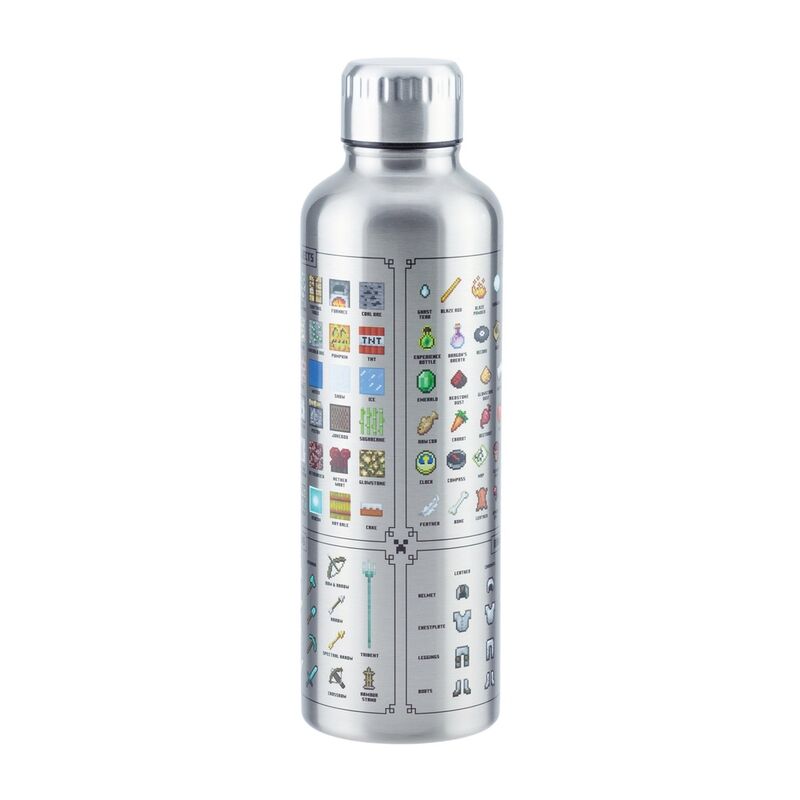 Botella plateada de acero inoxidable Minecraft con iconos pixelados