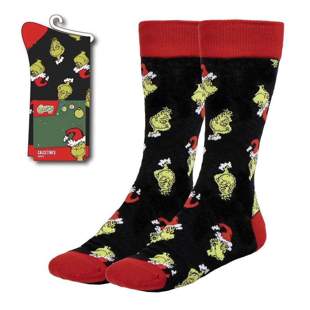 Calcetines negros de adulto con estampado de El Grinch y detalles rojos