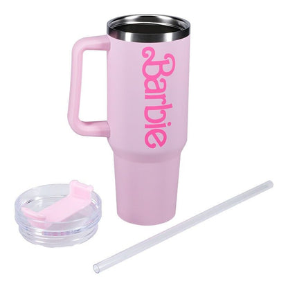 Vaso térmico rosa Barbie con asa, tapa y pajita