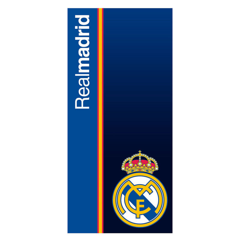 Toalla de microfibra azul del Real Madrid con escudo y franjas de colores