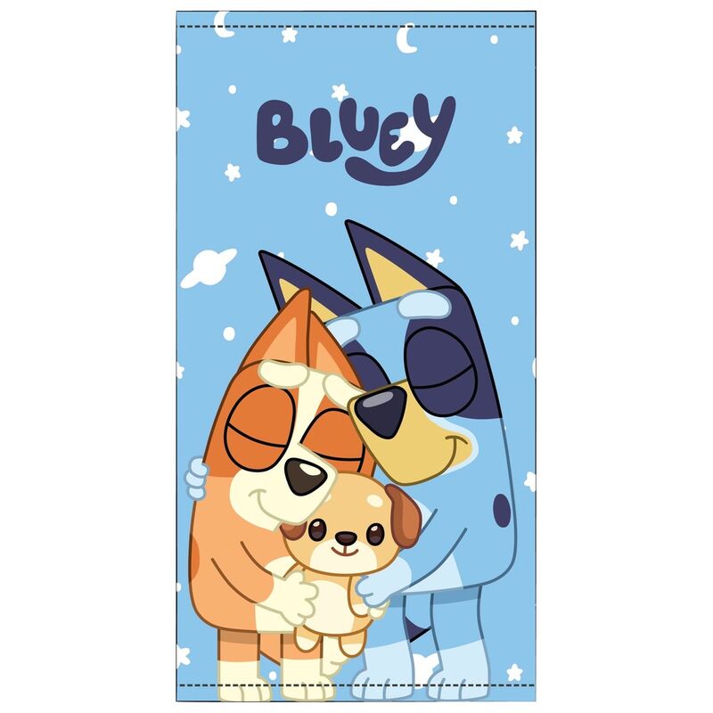 Toalla de microfibra Bluey azul con personajes y estrellas