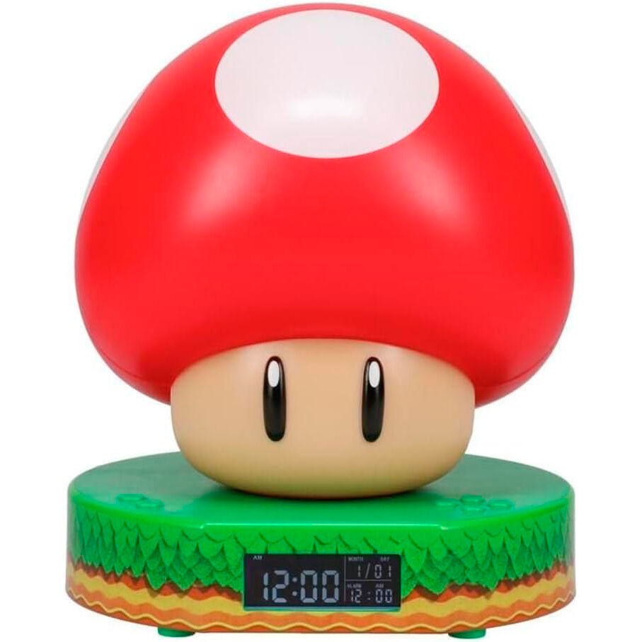 Reloj despertador Mushroom de Super Mario Bros con champiñón rojo y base verde