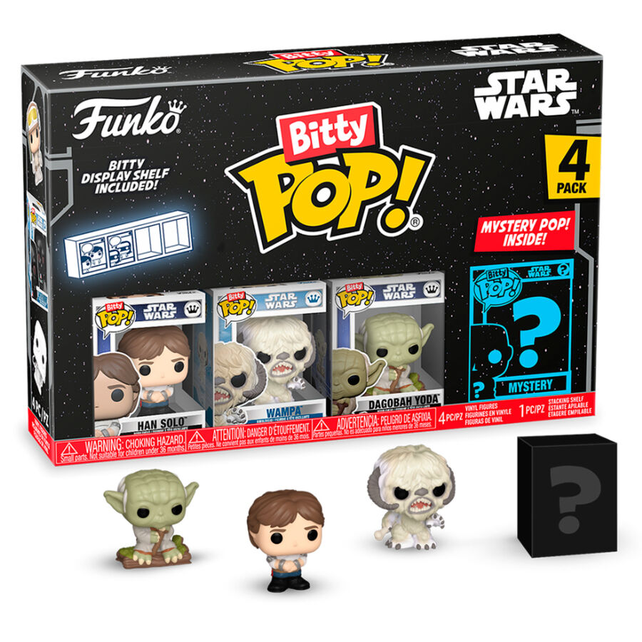 Blister Funko Bitty POP! Star Wars de 4 figuras con Han Solo, Wampa, Yoda y una figura misteriosa