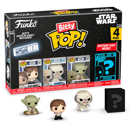 Blister Funko Bitty POP! Star Wars de 4 figuras con Han Solo, Wampa, Yoda y una figura misteriosa
