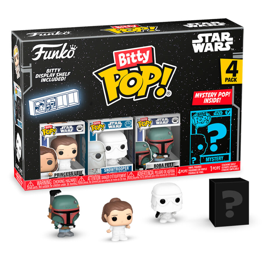 Blister de 4 figuras Funko Bitty Pop! Star Wars con Leia, Snowtrooper, Boba Fett y figura misteriosa