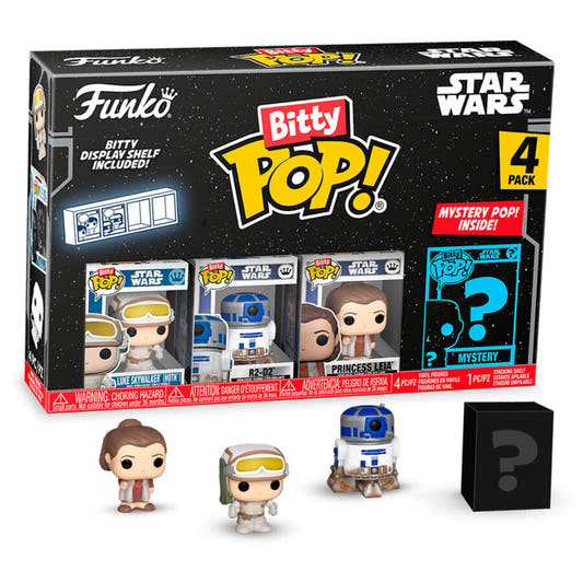 Blíster de 4 figuras Funko Bitty Pop! de Star Wars con Luke Skywalker, R2-D2, Leia y figura misteriosa