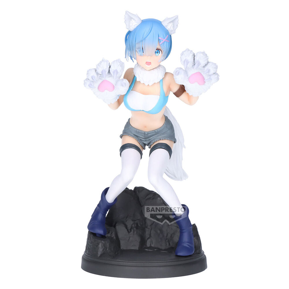 Figura de Rem de Re:Zero con orejas y patas blancas sobre una base rocosa