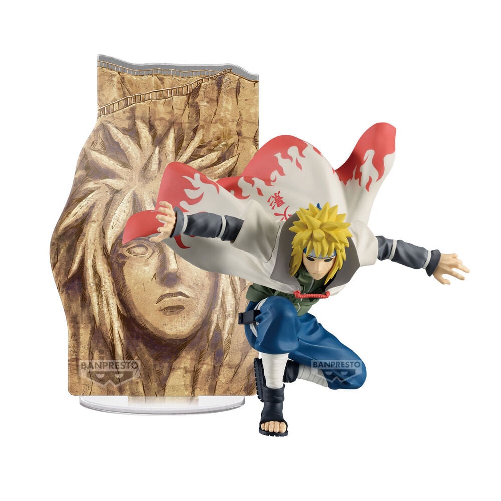Figura Banpresto de Minato Namikaze con panel ilustrado de Naruto Shippuden