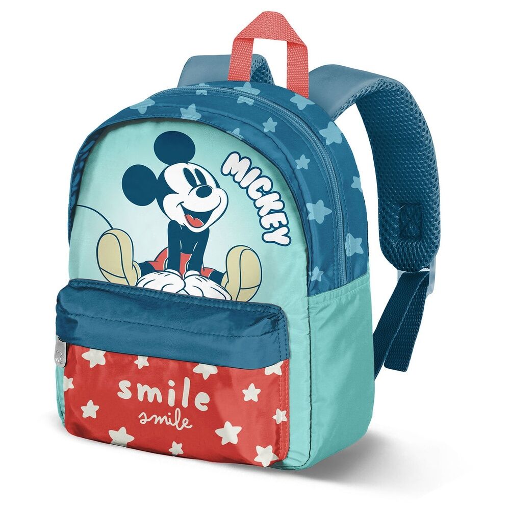 Mochila preescolar de Mickey Disney azul y roja con bolsillo frontal