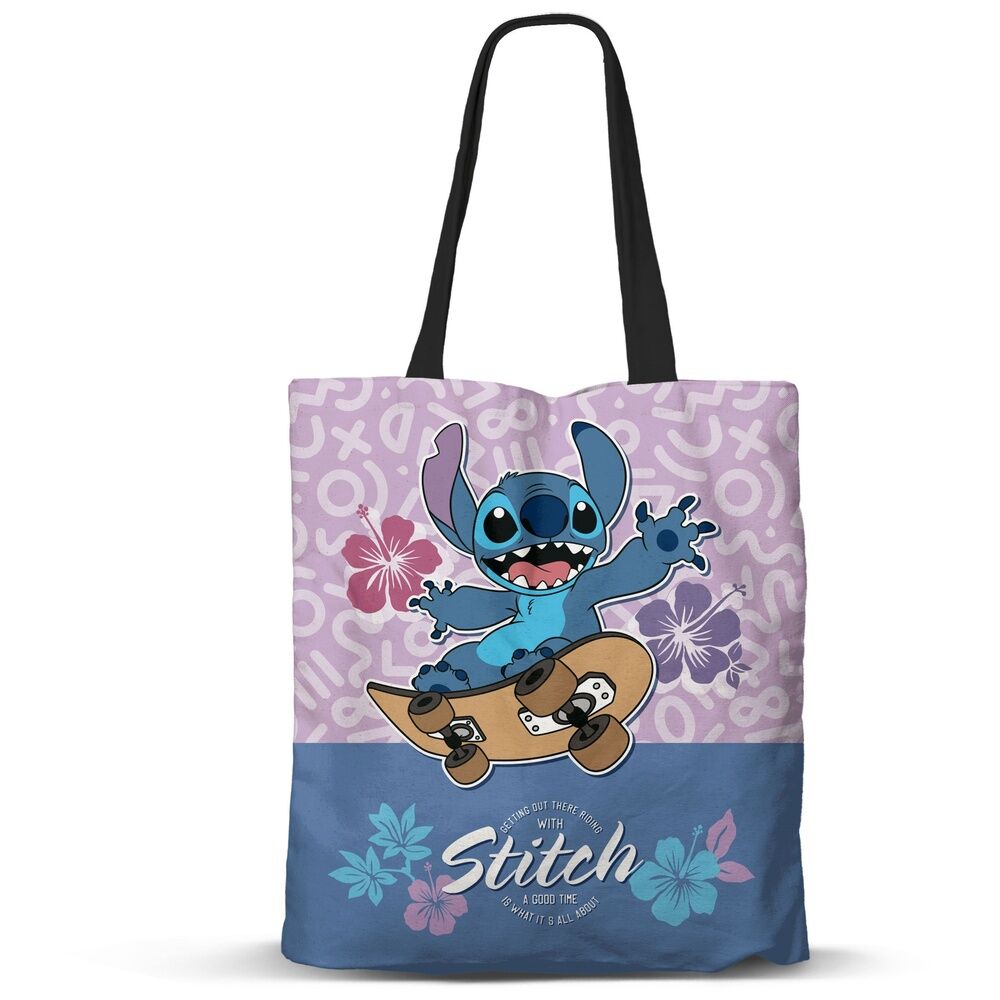 Bolsa shopping Disney de Stitch sobre un monopatín, en tonos lila y azul