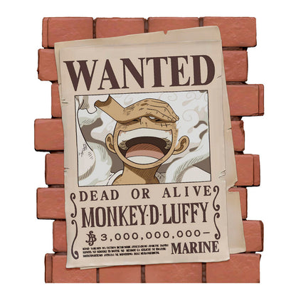 Hucha Wanted de Monkey D. Luffy de One Piece con fondo de ladrillo