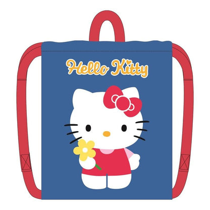 Saco azul de Hello Kitty con tirantes rojos y flor amarilla