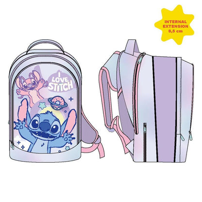 Mochila escolar Disney Stitch lila con extensión interna