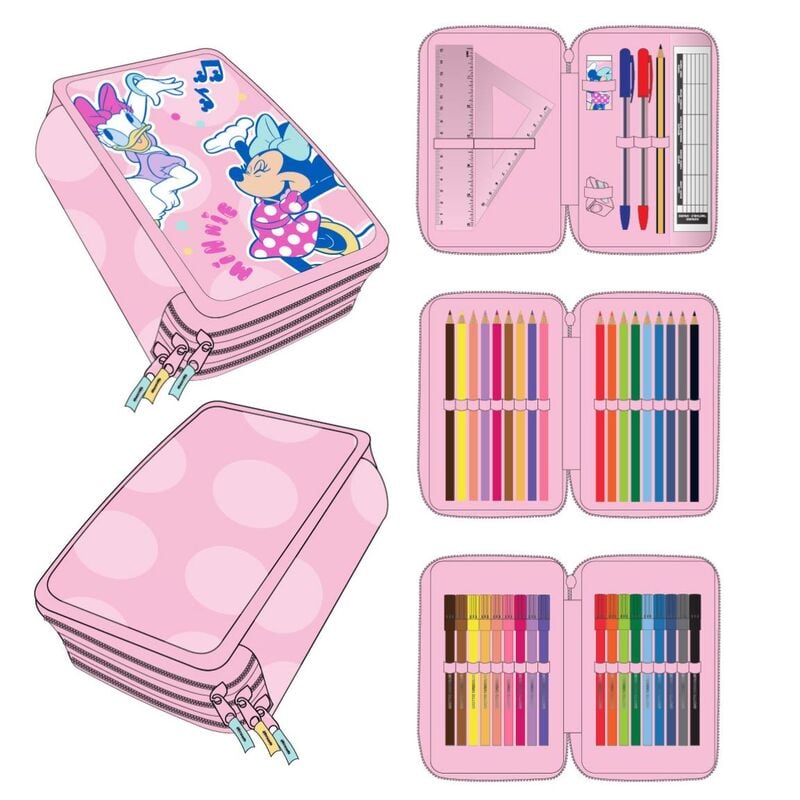 Plumier triple rosa de Minnie Disney con tres compartimentos