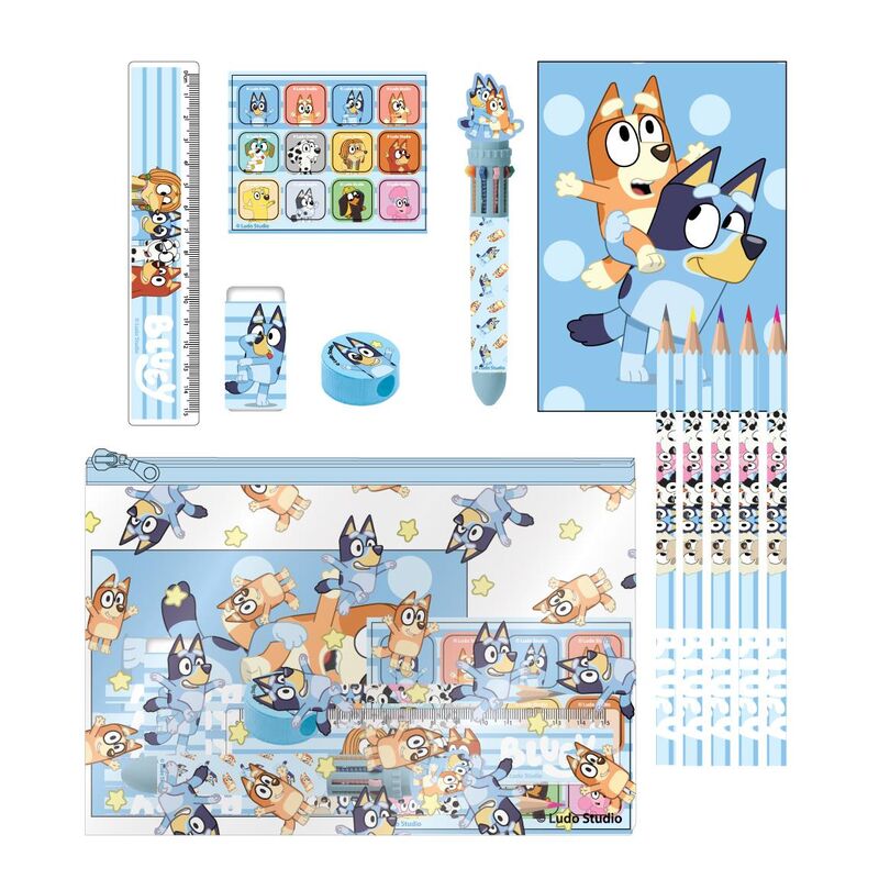 Set de papelería Bluey con estuche, lápices, regla y accesorios escolares