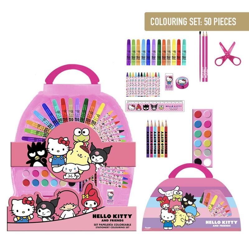 Set de papelería Hello Kitty de 50 piezas en estuche rosa con asa