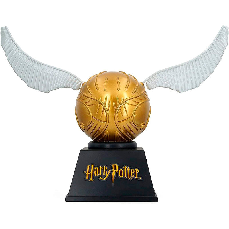 Figura hucha de la Snitch Dorada de Harry Potter con alas y base negra