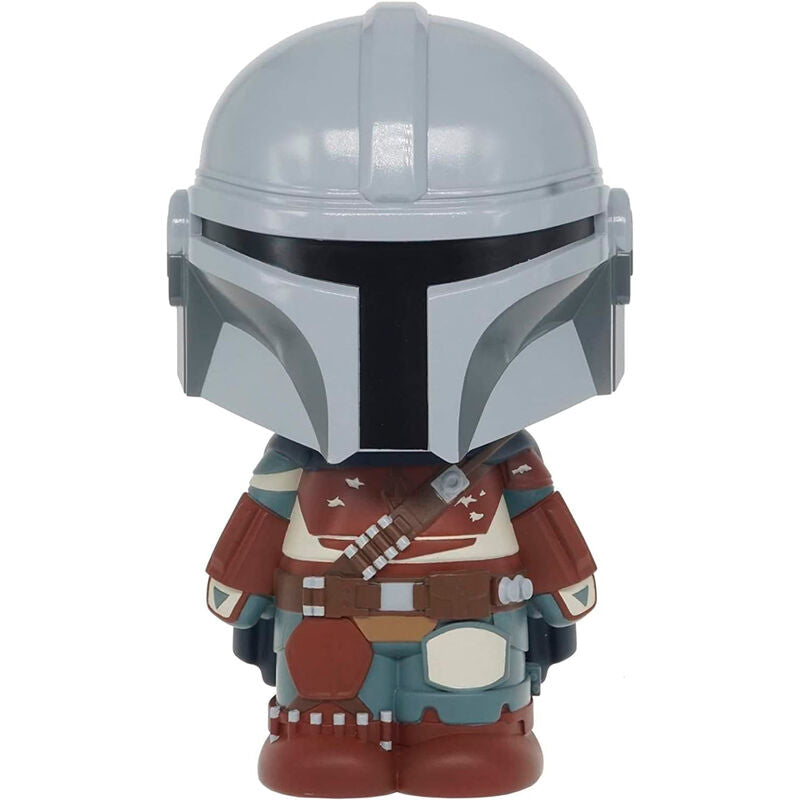 Figura hucha de The Mandalorian con casco gris y armadura multicolor