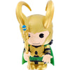 Figura hucha de Loki Marvel con casco dorado, cetro y capa verde