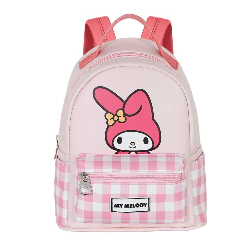 Mochila rosa de My Melody con bolsillo frontal de cuadros