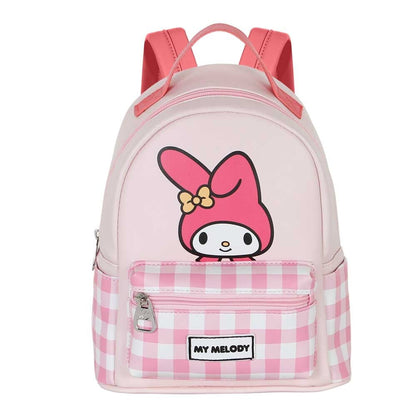 Mochila rosa de My Melody con bolsillo frontal de cuadros